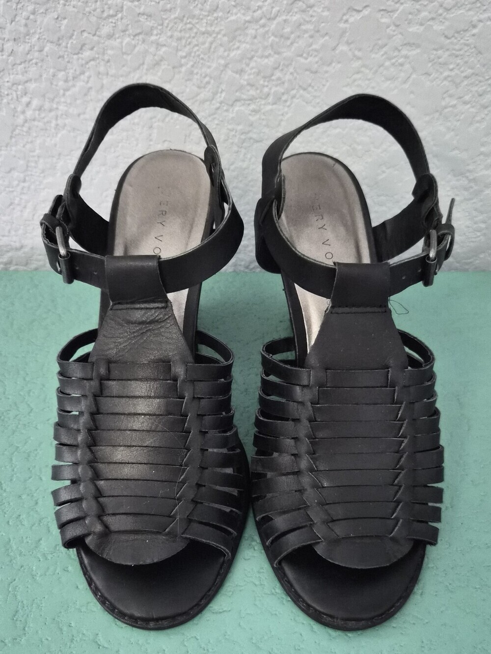 Black Leather Woven Cage Block Heel Sandals 90s Minimalist Size 8